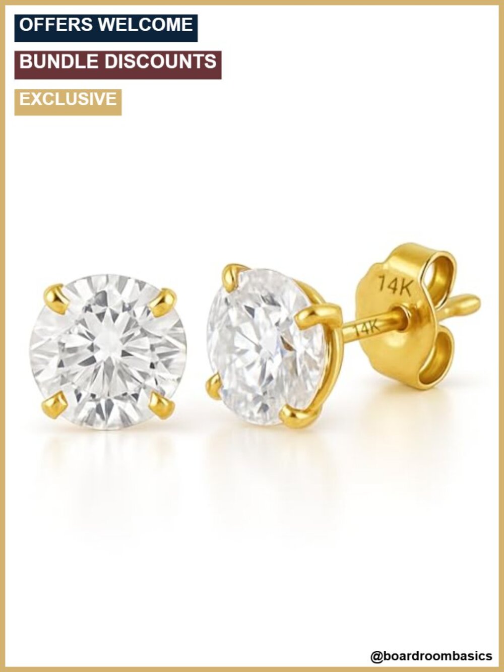14K Solid Gold AAAAA Cubic Zirconia Stud Earrings Waterproof Tarnish Resistant